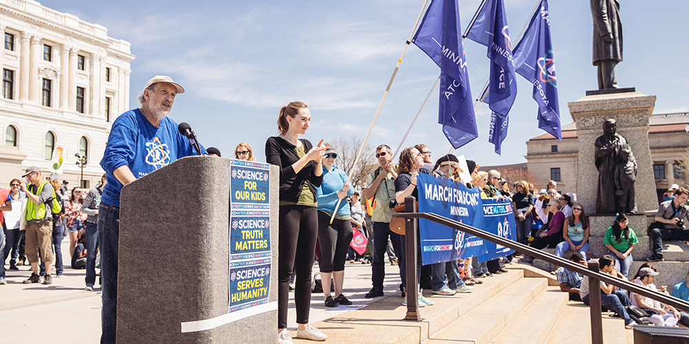 School of Public Health Professor Alan Lifson speaks at the March for Science on April 22, 2017 in St. Paul, Minn.