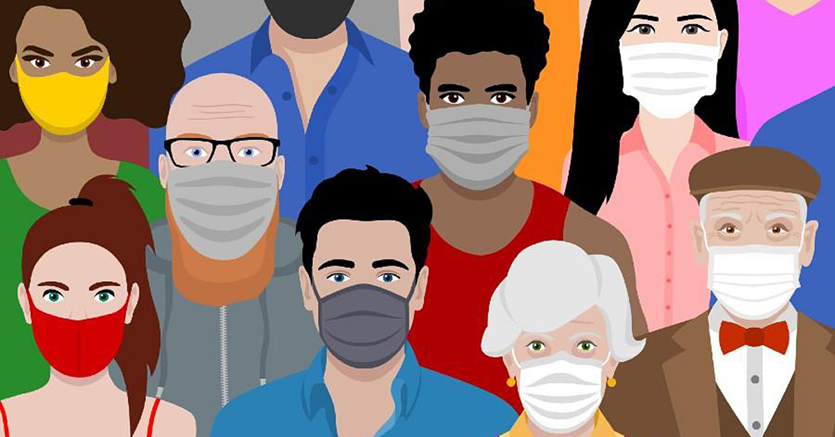 A cartoon of a diverse group of masked people together.