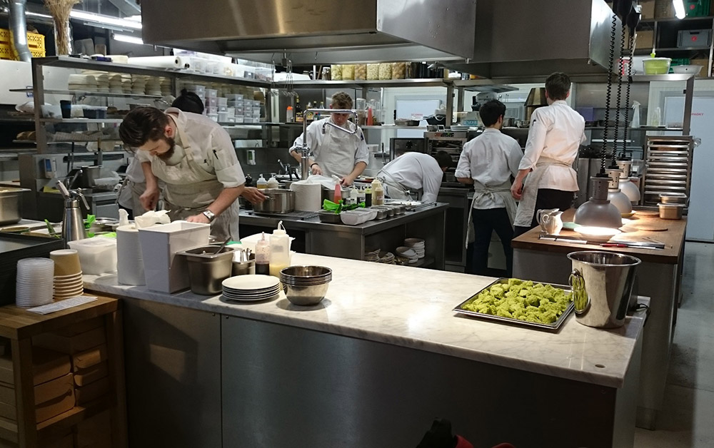 A busy restaurant kitchen.