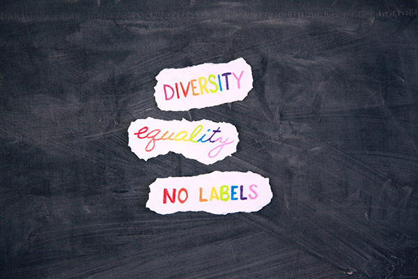 diversity, equality, and "no labels" written out on chalkboard
