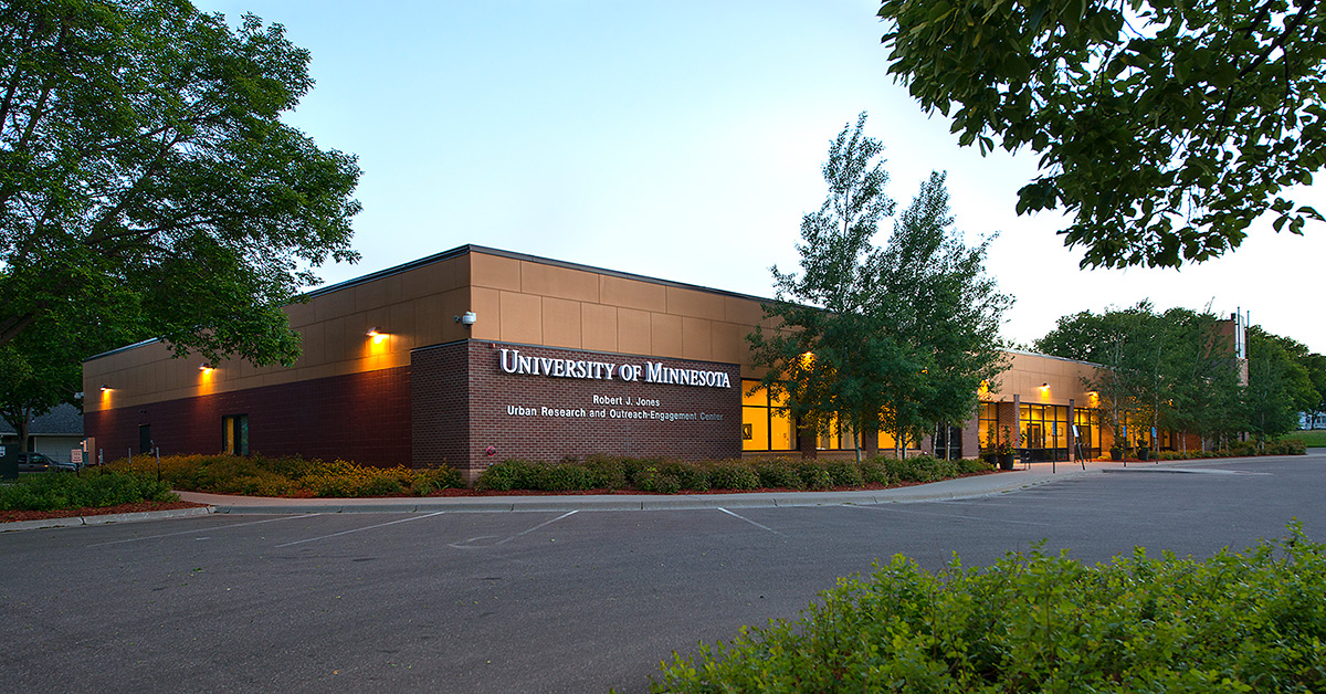 The UROC building on a clear summer night at sunset.