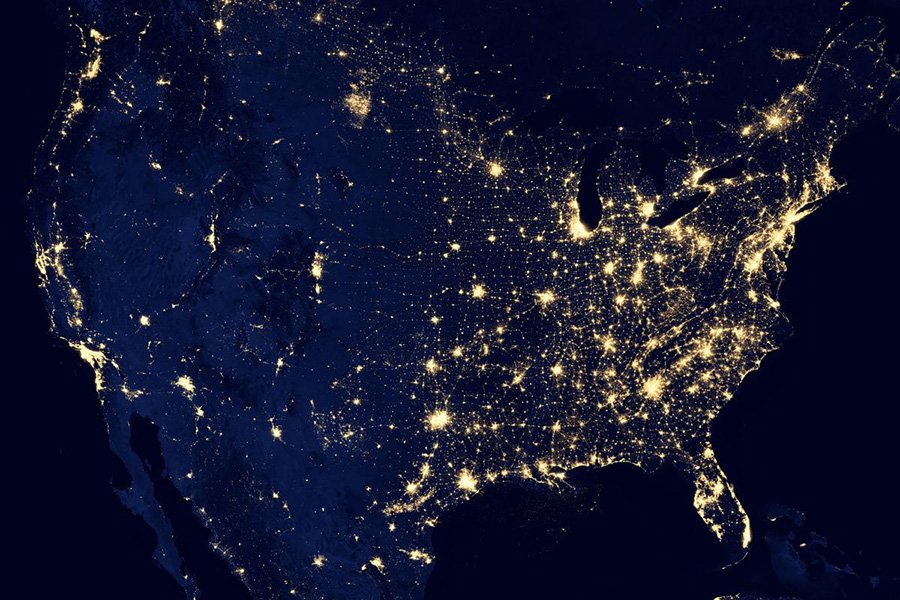 photo of the united states with lights lit up throughout the country