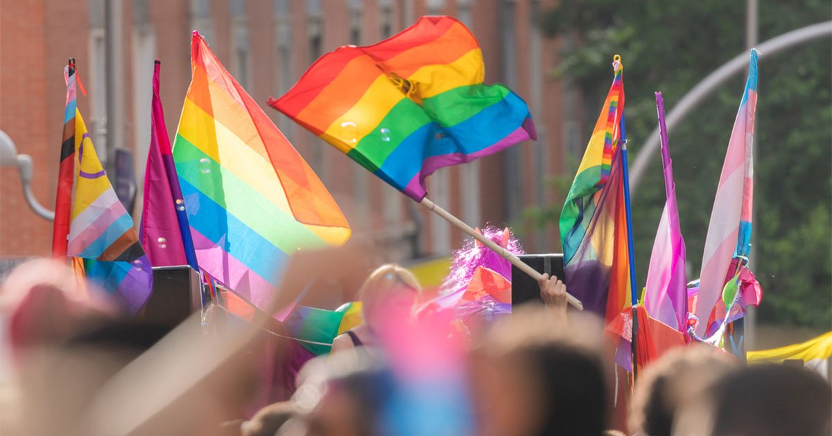 Rainbow flags and other LGBTQIA+ support flags held by a group of people