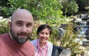 Harrison and Tran at a garden in UCLA after a guest seminar