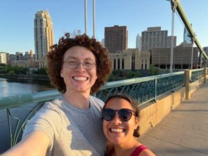 Zidane and Holden on the Hennepin Bridge in downtown Minneapolis